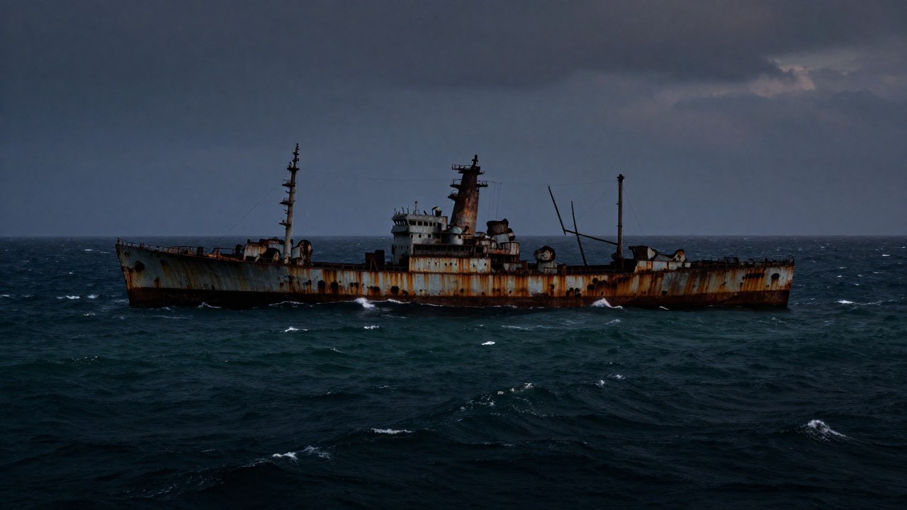 Un gran navío militar abandonado y corroído a la deriva en el vasto Océano Pacífico.