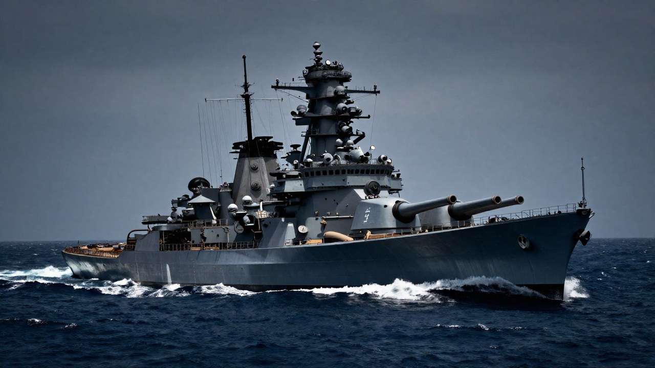 Un acorazado monumental, tipo Yamato, navega poderosamente en un océano turbulento.