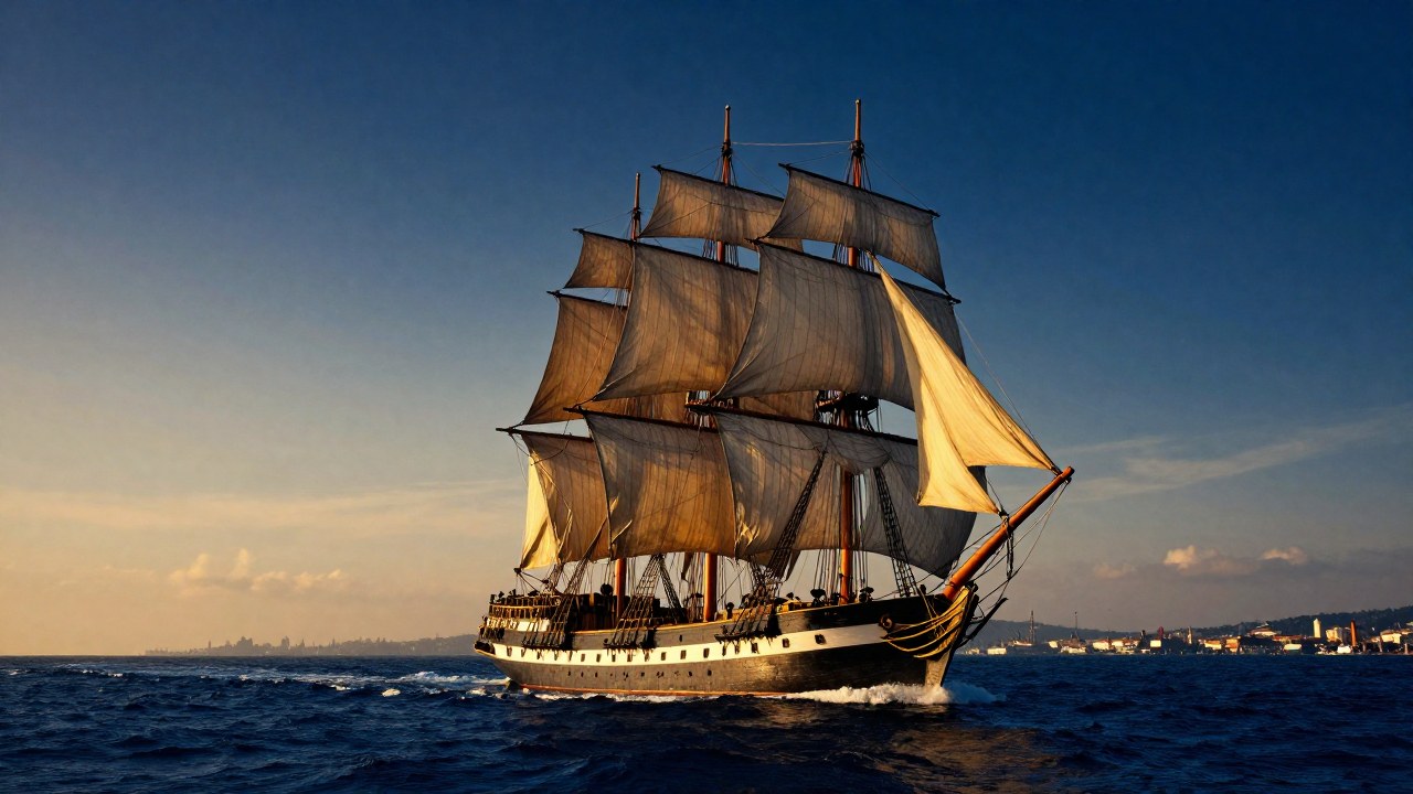 Un clipper del siglo XIX zarpa por el océano, ilustrando la magnitud del comercio marítimo global.
