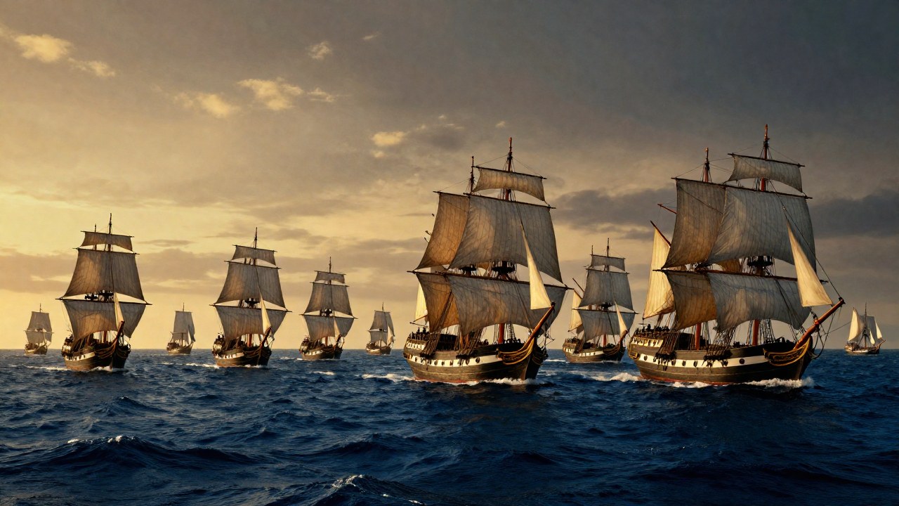 Flota de barcos de vela y clipperes del siglo XIX navegando por una importante ruta comercial marítima.