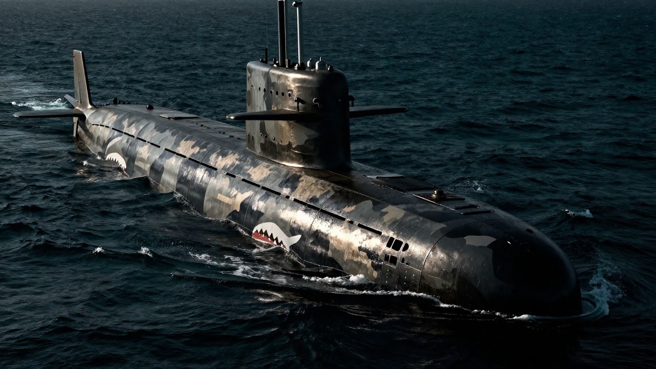Submarino alemán histórico con camuflaje distintivo sumergido en aguas oscuras.