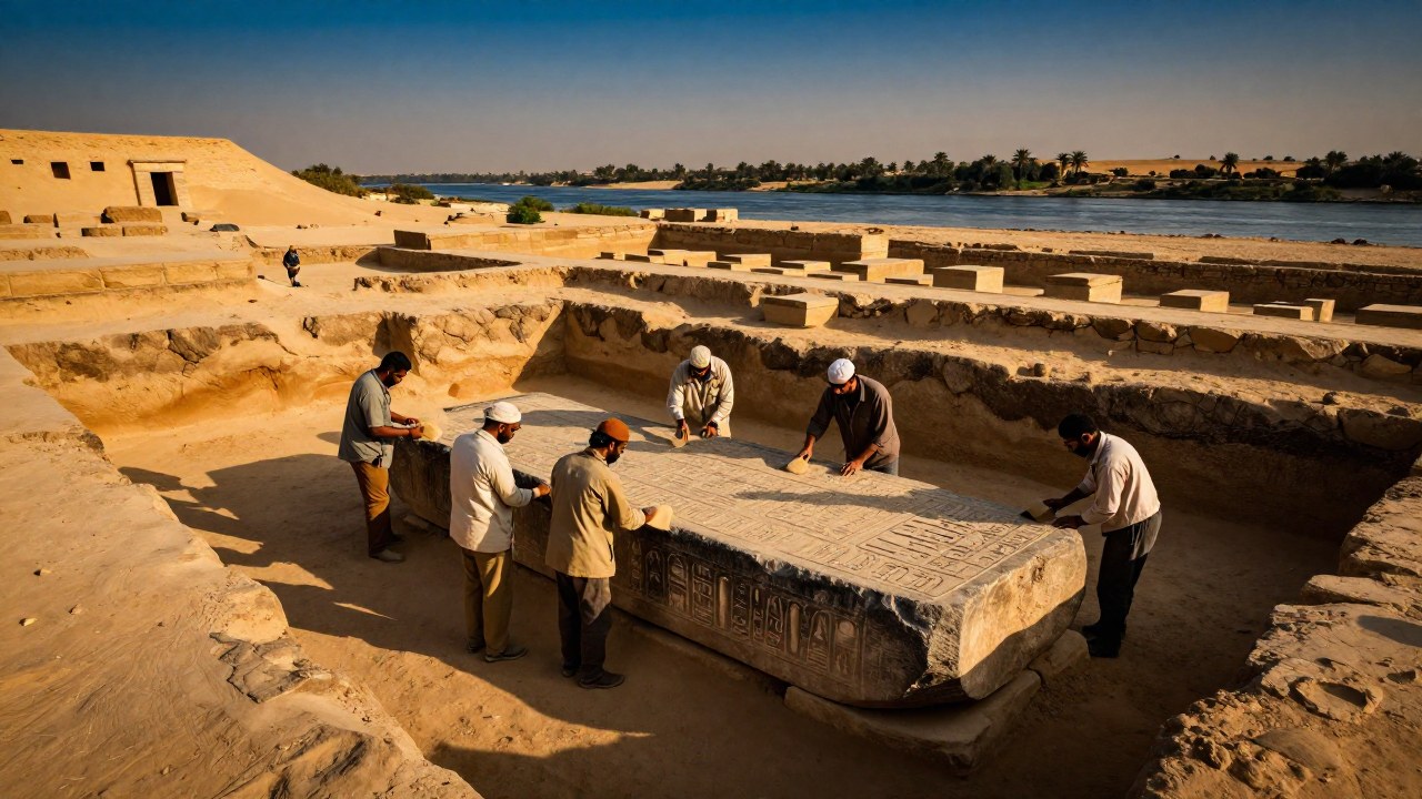 Equipo de arqueólogos examina un fragmento de piedra tallada con jeroglíficos en un sitio de Egipto.