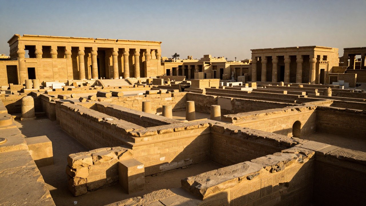 Ruinas monumentales de Heracleion que muestran los restos de una antigua ciudad egipcia de la era ptolemaica.