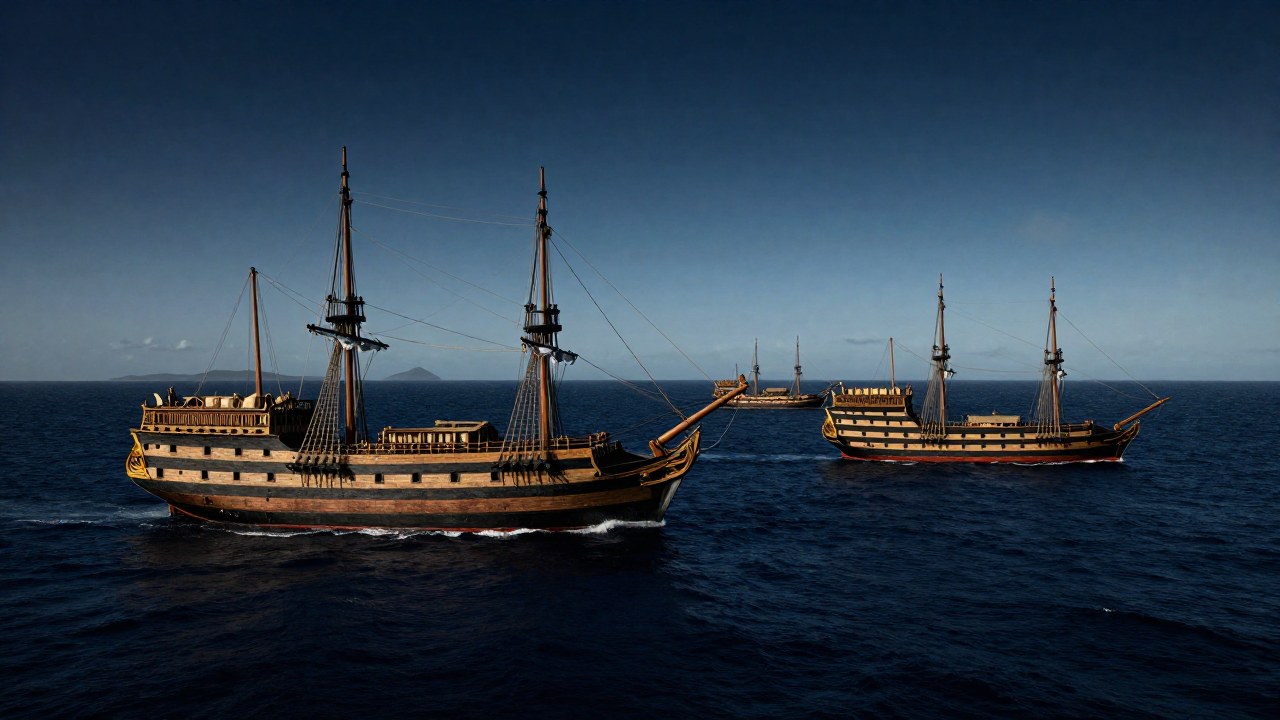 Flota de Galeones de Manila navegando en el Pacífico, ilustrando la vasta ruta comercial transpacífica.