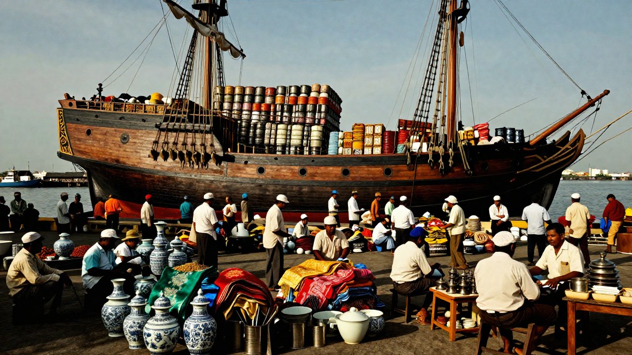 Mercaderes e intercambio de bienes en un puerto histórico, simbolizando el comercio transpacífico global.
