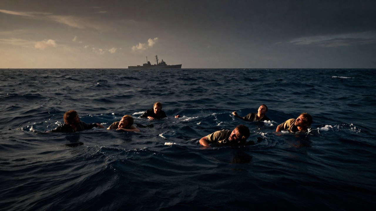 Sobrevivientes en el vasto océano después de un incidente naval, con la silueta del USS Indianapolis en el horizonte.