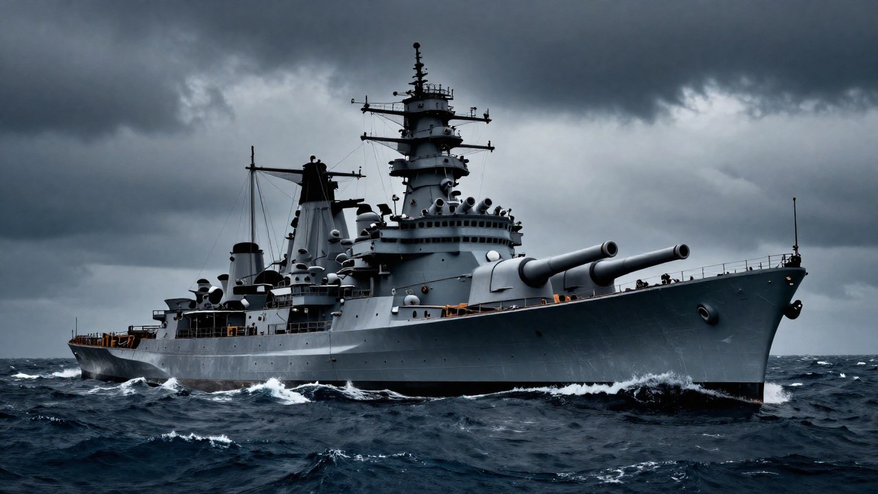 El colosal acorazado Bismarck domina el mar agitado del Norte en un cielo tormentoso.