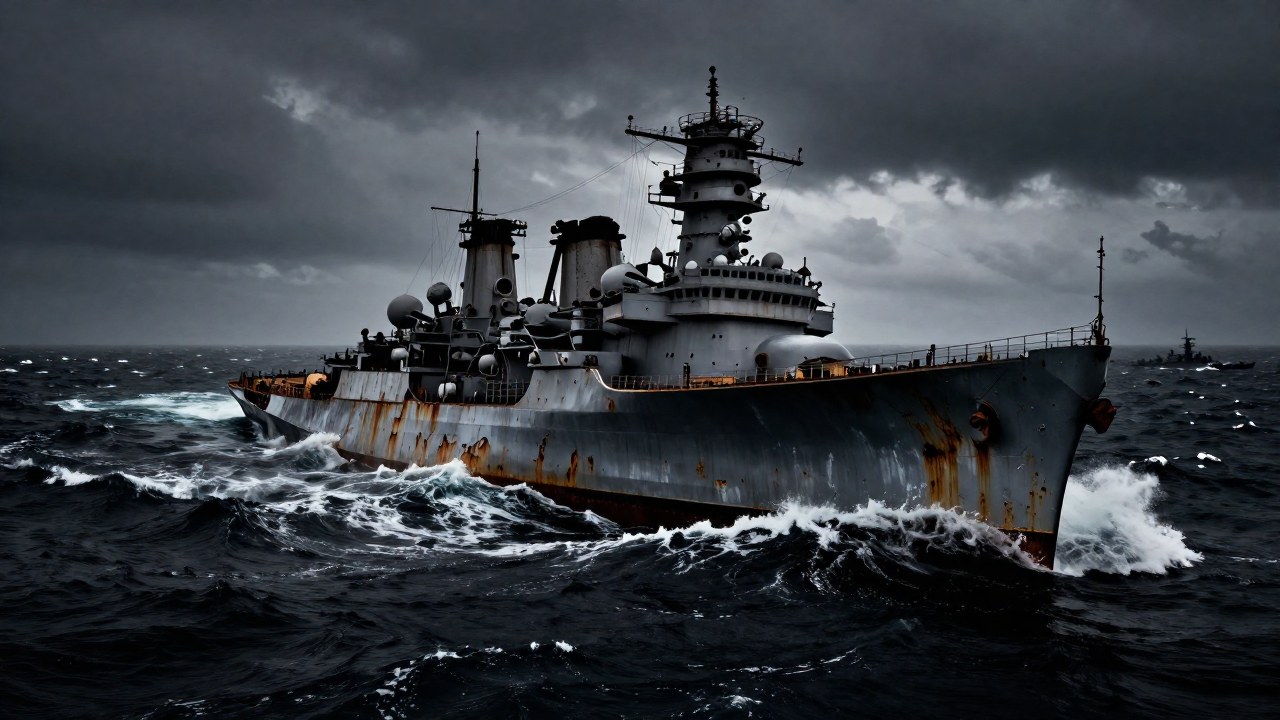 El acorazado Bismarck en sus etapas finales de hundimiento en alta mar.