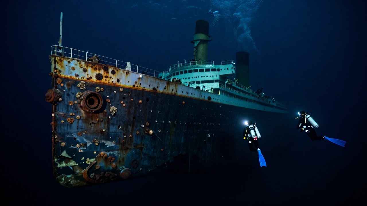 Buzos técnicos exploran la estructura corroída del naufragio del Titanic en el fondo marino profundo.