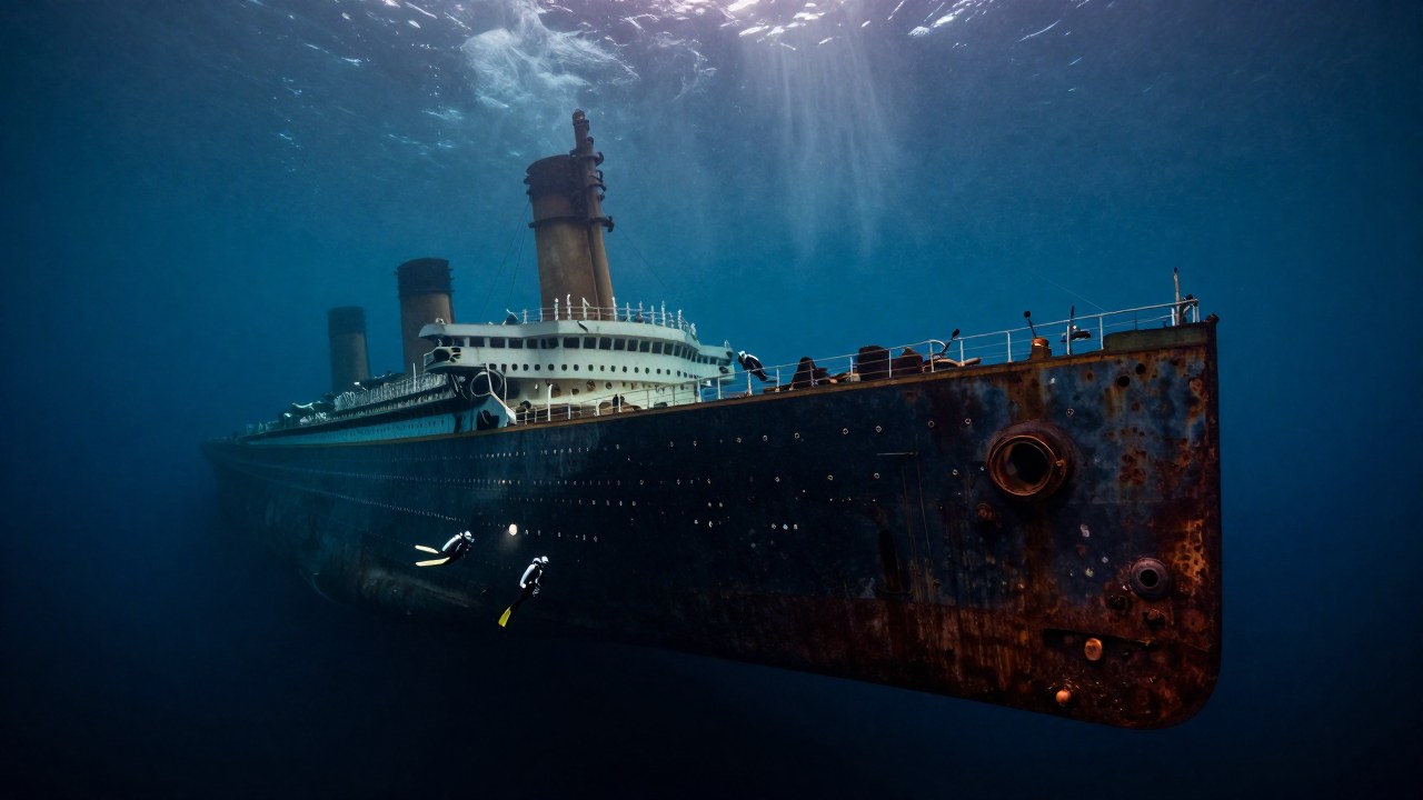 Buceadores exploran los restos del Titanic sumergido en las profundidades del océano.