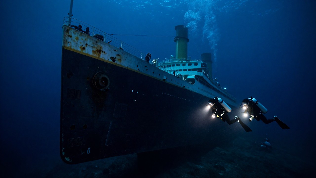 Divers científicos examinan la estructura del naufragio del Titanic en las profundidades del océano.