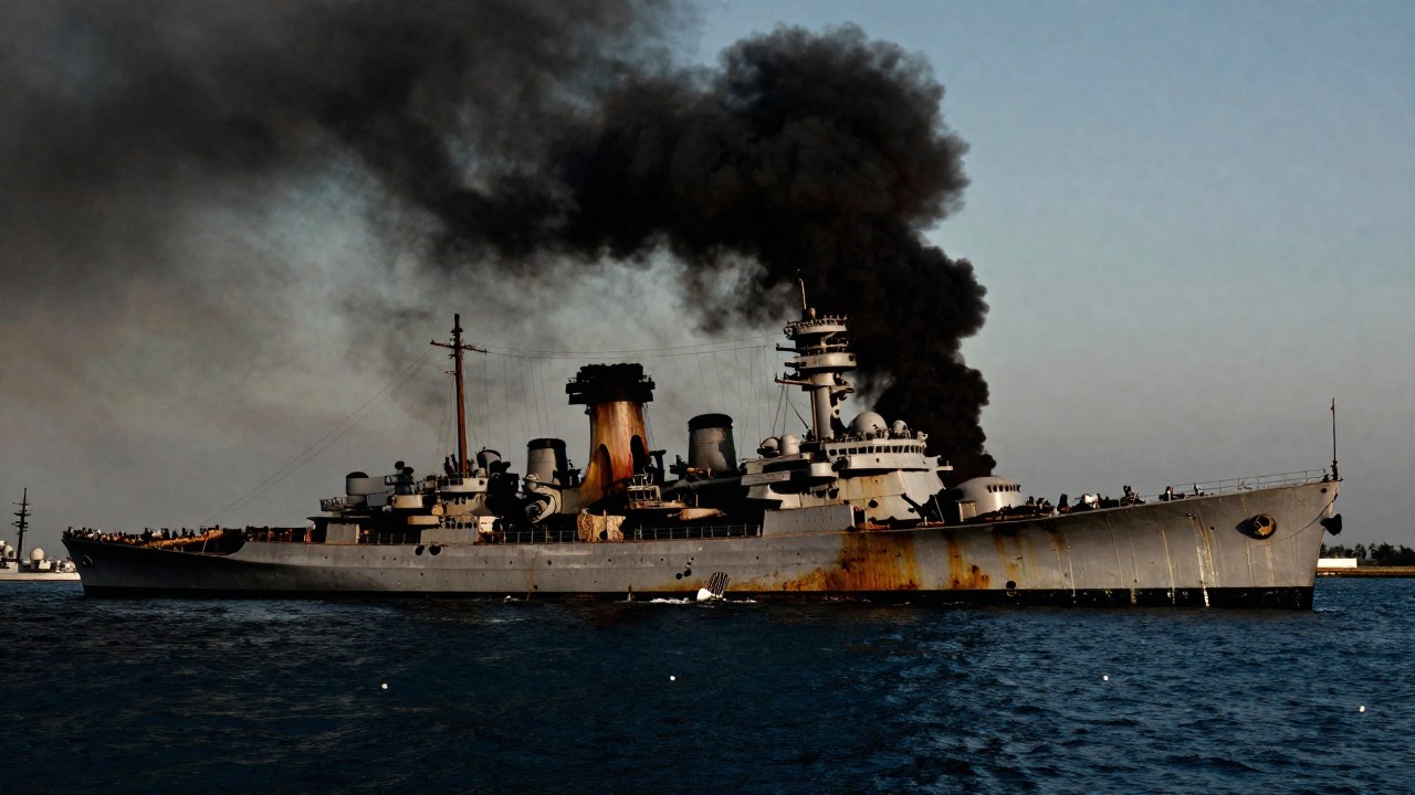 USS Arizona, nave de guerra gravemente dañada, se inclina en las aguas del puerto de Pearl Harbor.