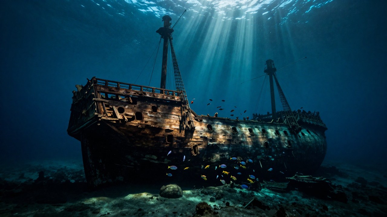Esqueletos de galeón español del siglo XVIII submarino rodeados por peces tropicales.