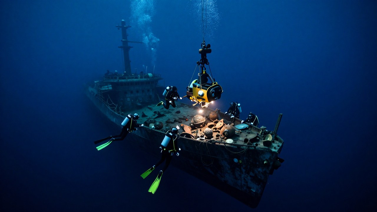Buzos recuperan artefactos de un naufragio histórico utilizando equipos especializados bajo el mar.