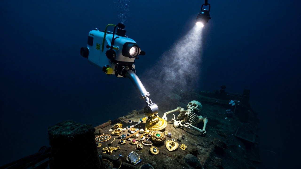 ROV especializado recuperando artefactos de oro y joyas antiguas de un naufragio en las profundidades marinas.