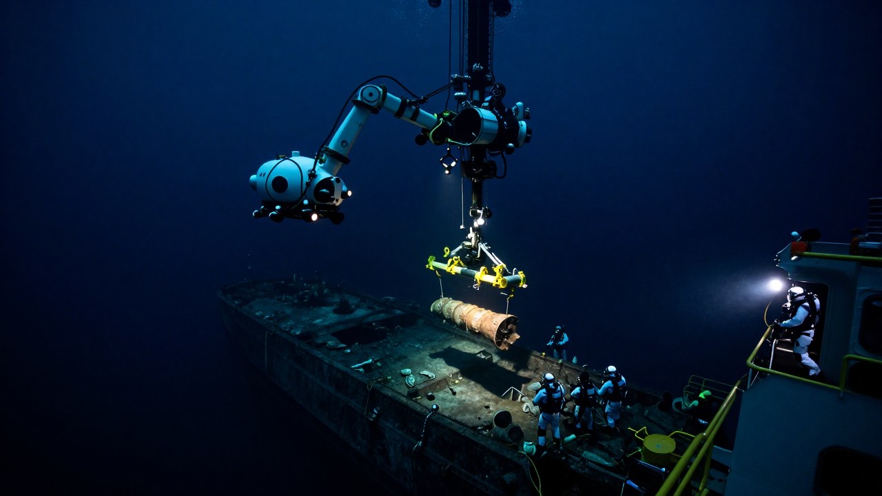 Personal especializado opera ROVs para recuperar artefactos de un naufragio en las profundidades marinas.