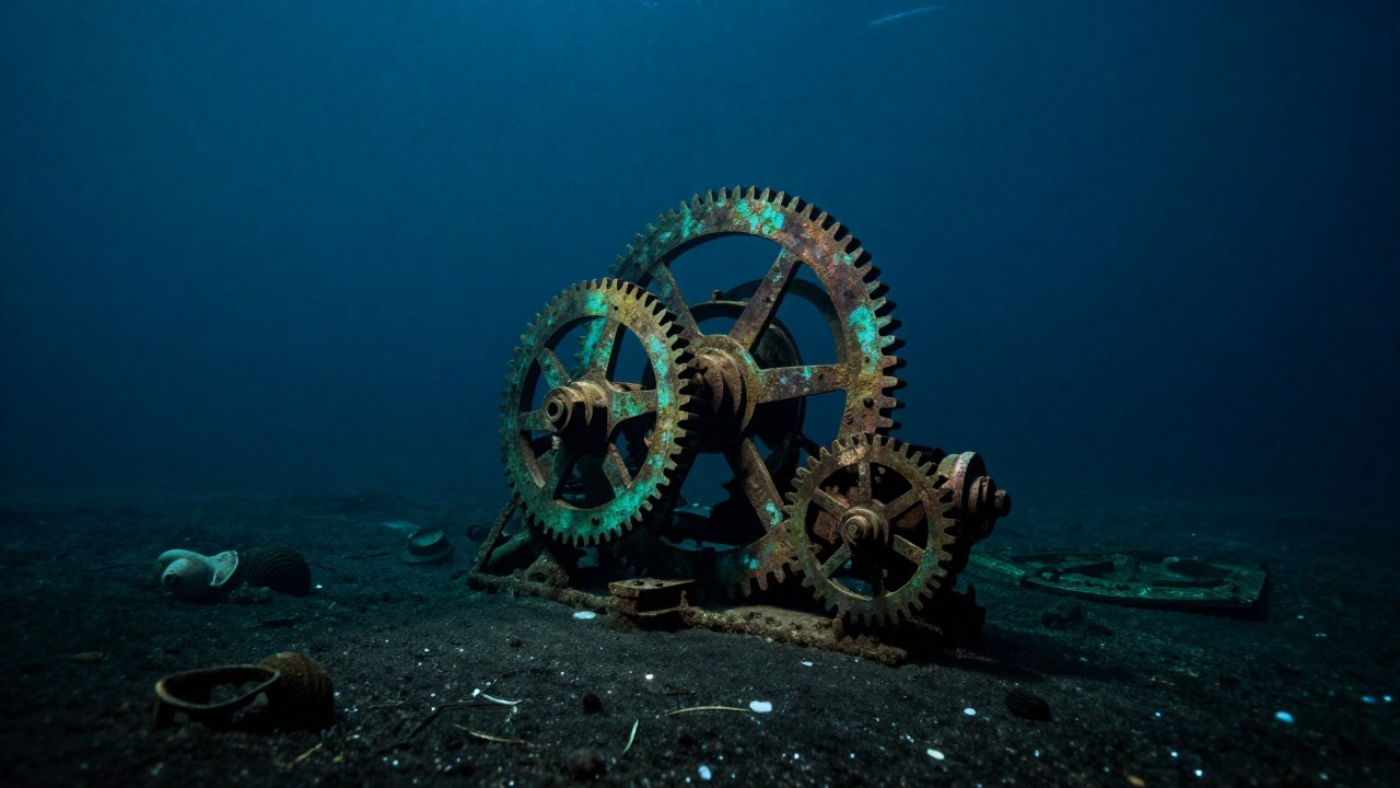 Un complejo artefacto mecánico de bronce, similar a engranajes astronómicos, reposa en el fondo marino.