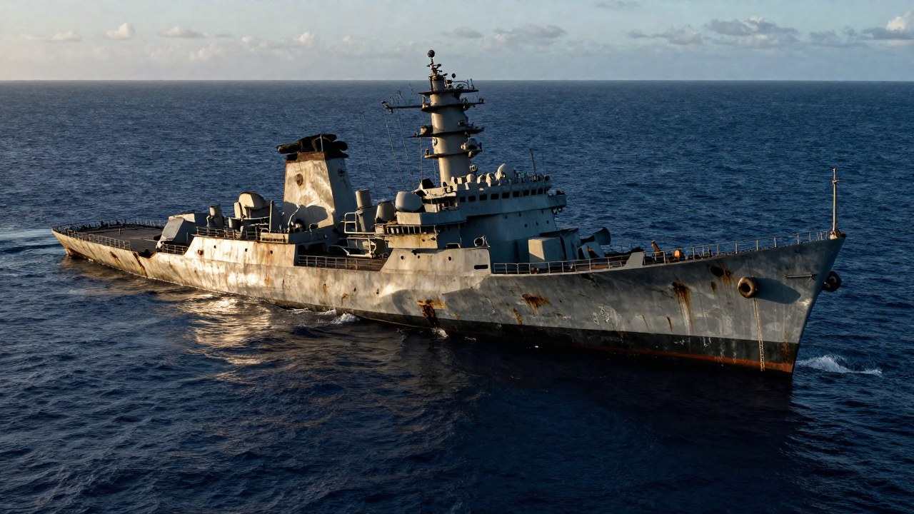 Buque de guerra gravemente dañado está parcialmente sumergido en las aguas azules del Mar de Filipinas.