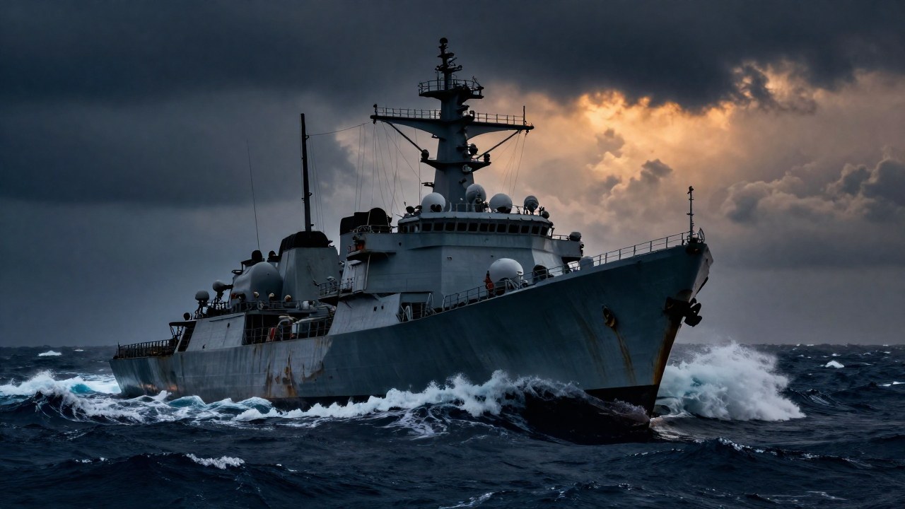 Buque de guerra militar dañado y inclinado en aguas turbulentas de un mar tormentoso.