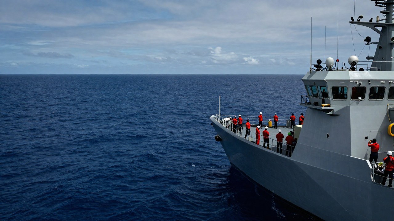 Un buque naval realiza una operación de búsqueda en el Mar de Filipinas, con tripulación escaneando el horizonte.