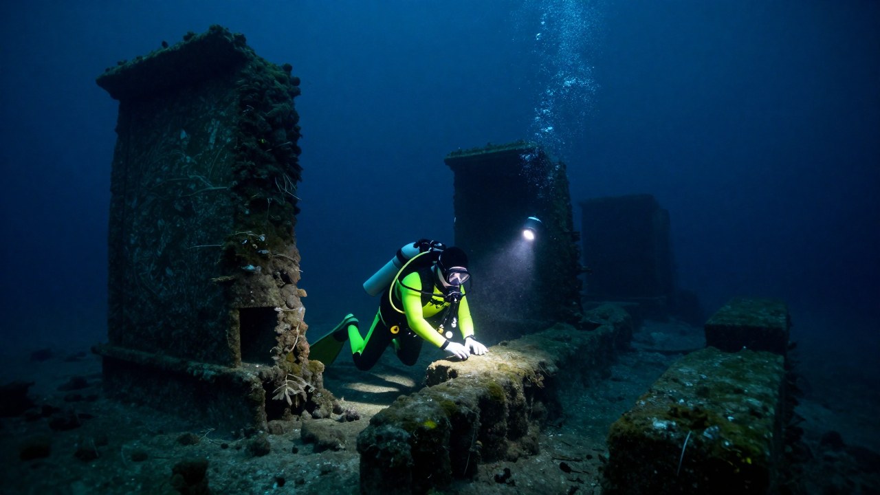 Arqueólogo marino examina estructuras de piedra antigua en una expedición de buceo en aguas profundas.