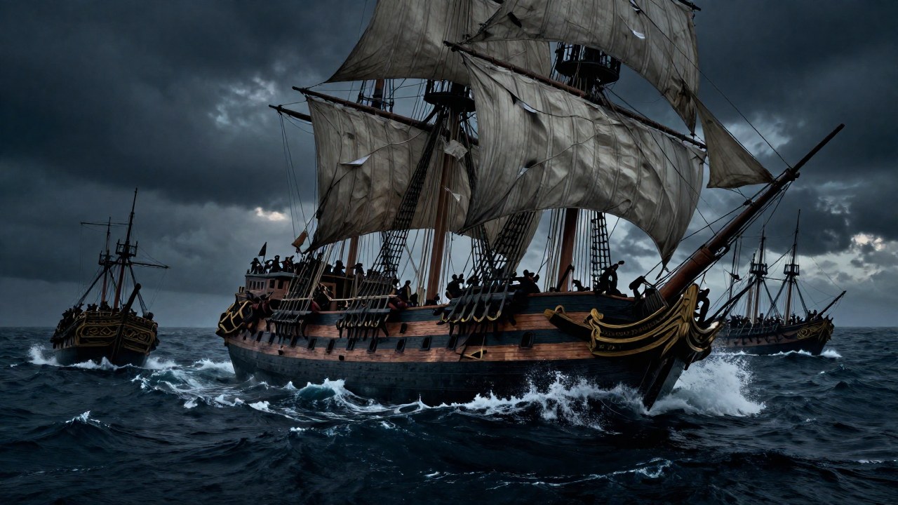 Piratas atacan un galeón histórico que se hunde en el turbulento mar del Pacífico.