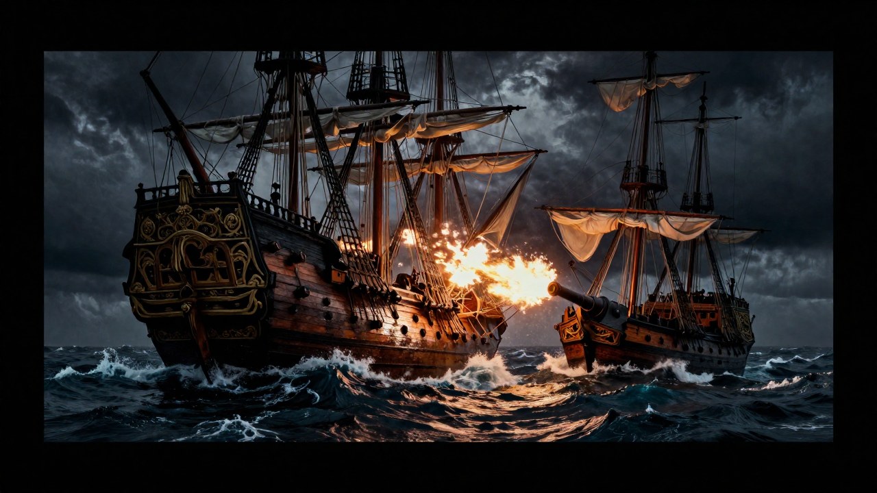 Un galeón ornamentado está siendo atacado y se hunde por un barco pirata en la turbulenta batalla naval.
