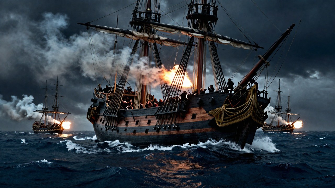 Galeón colonial *Nuestra Señora de las Mercedes* recibe fuego de un navío inglés en combate naval.