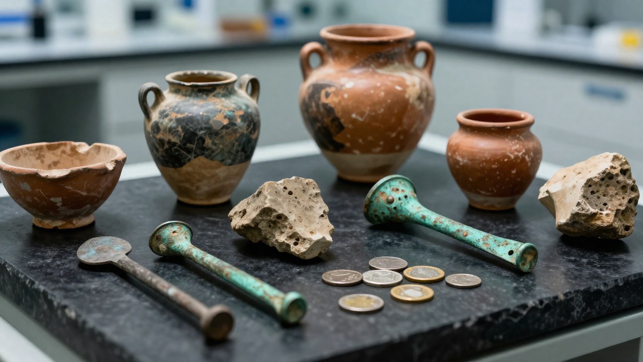 Restos de artefactos romanos recuperados de un naufragio dispuestos en una mesa de laboratorio arqueológico.