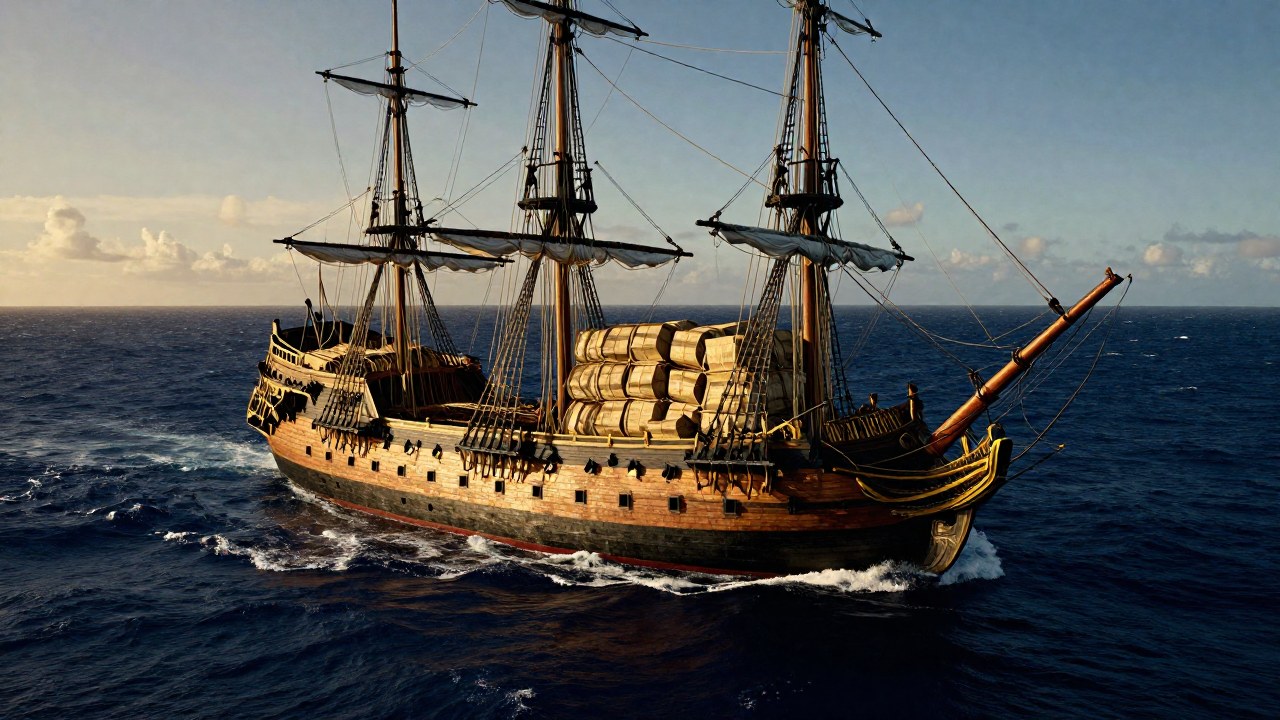 Galeón colonial masivo navegando por el vasto océano Atlántico, símbolo de la riqueza histórica.