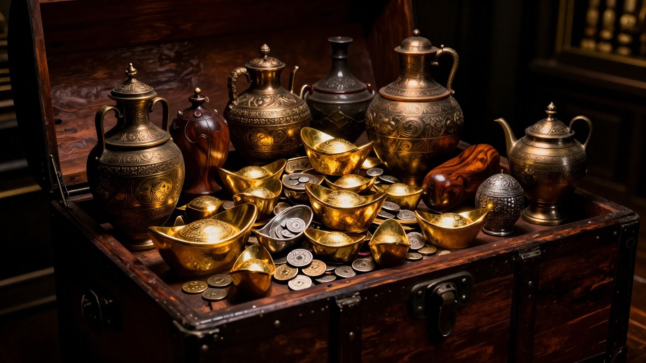 Acumulación de tesoro colonial del Atlántico: lingotes de oro y monedas en un cofre antiguo.