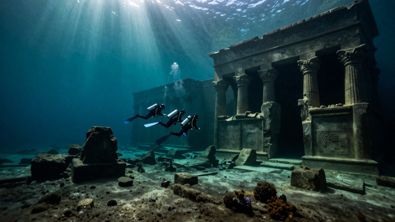 Dos buzos técnicos examinan ruinas de estructuras monumentales de una antigua ciudad sumergida en el Delta del Nilo.