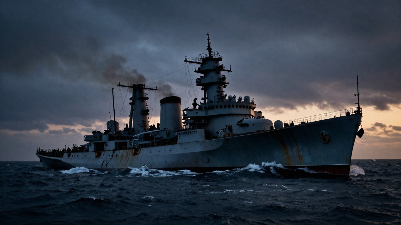 Buque de guerra gravemente dañado y con humo, inclinado en aguas turbulentas al atardecer tras un combate.