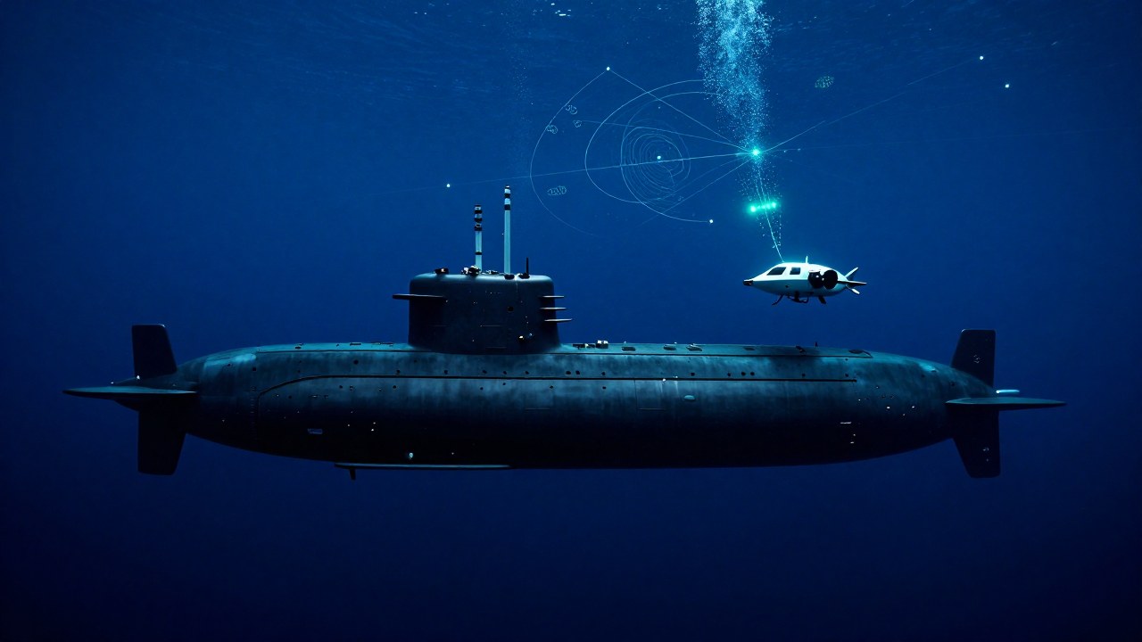 Dron de vigilancia interceptando un submarino militar en una operación naval de detección en aguas profundas.