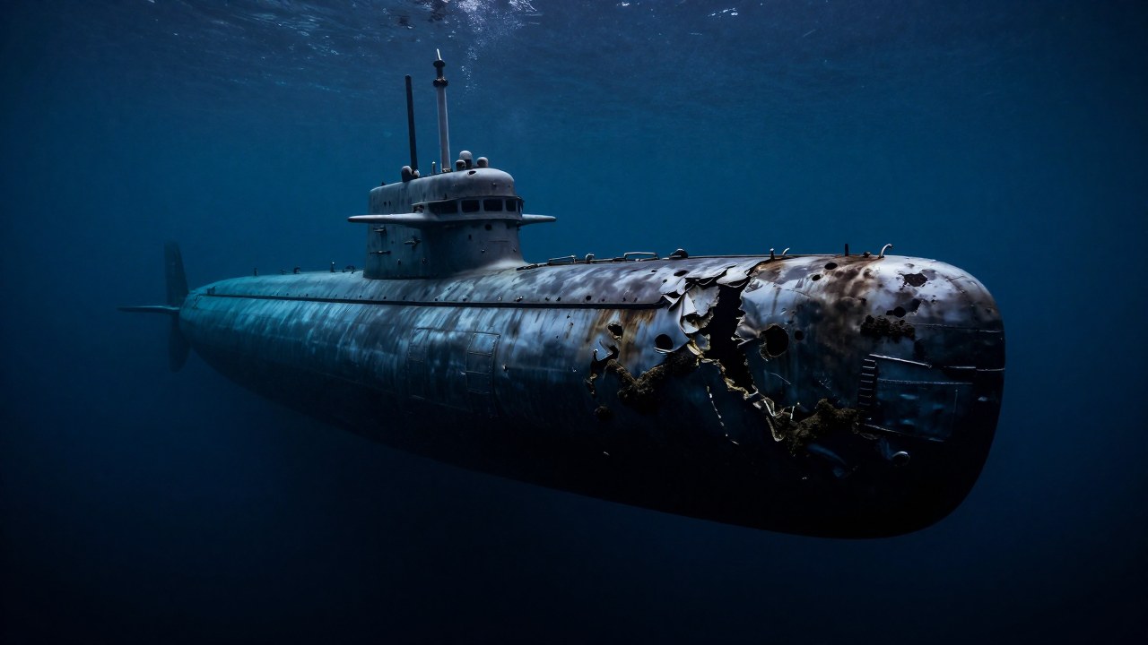 Submarino U severamente dañado y hundido en aguas profundas, mostrando daños por impacto y corrosión.
