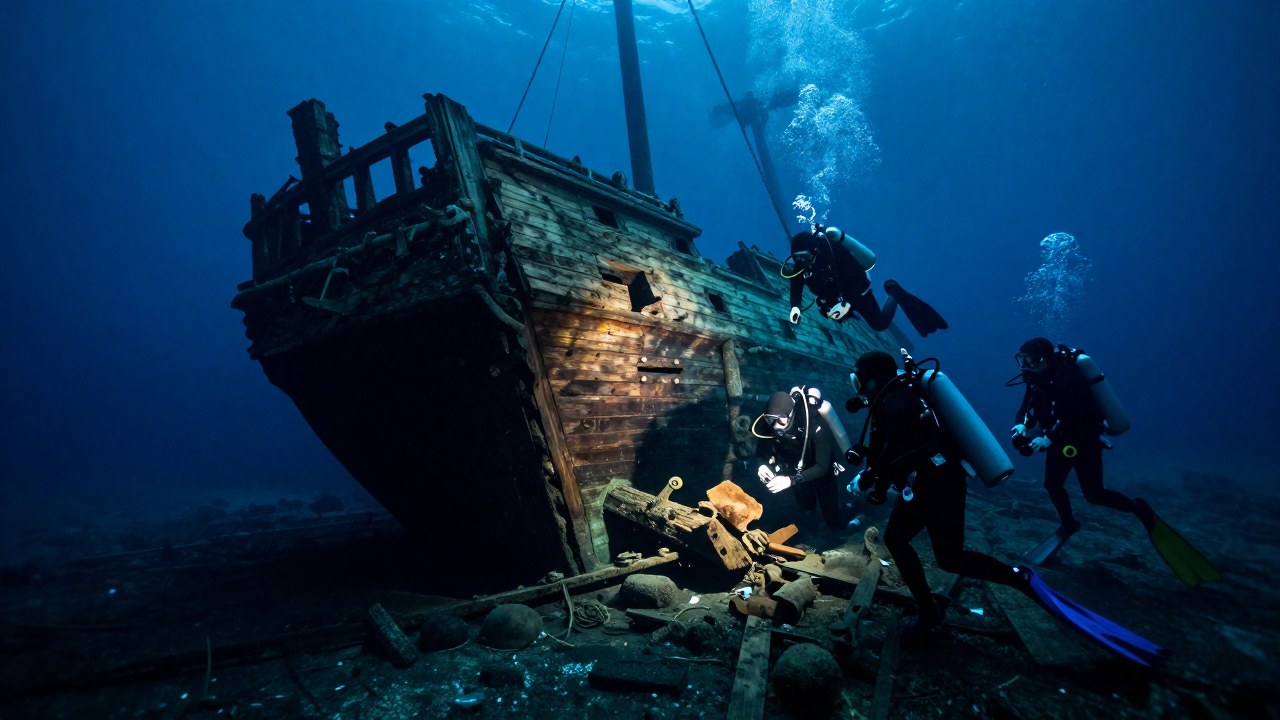Arqueólogos marinos examinan artefactos de un antiguo galeón hundido, el San José, en el fondo oceánico.