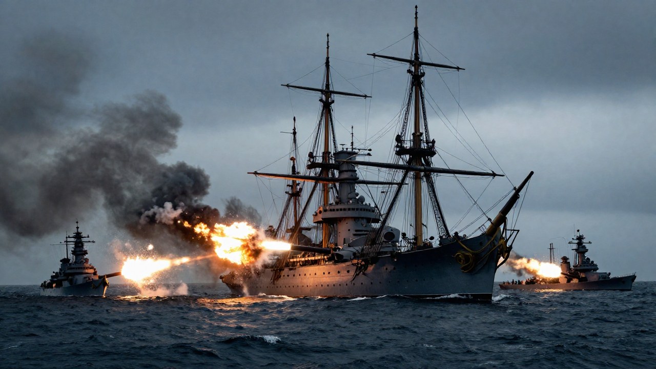 Barcos japoneses bombardean la nave británica HMS Prince of Wales en plena batalla naval.