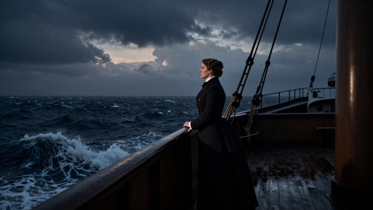 Mujer con vestimenta victoriana observa el mar turbulento desde la cubierta de un vapor en 1895.