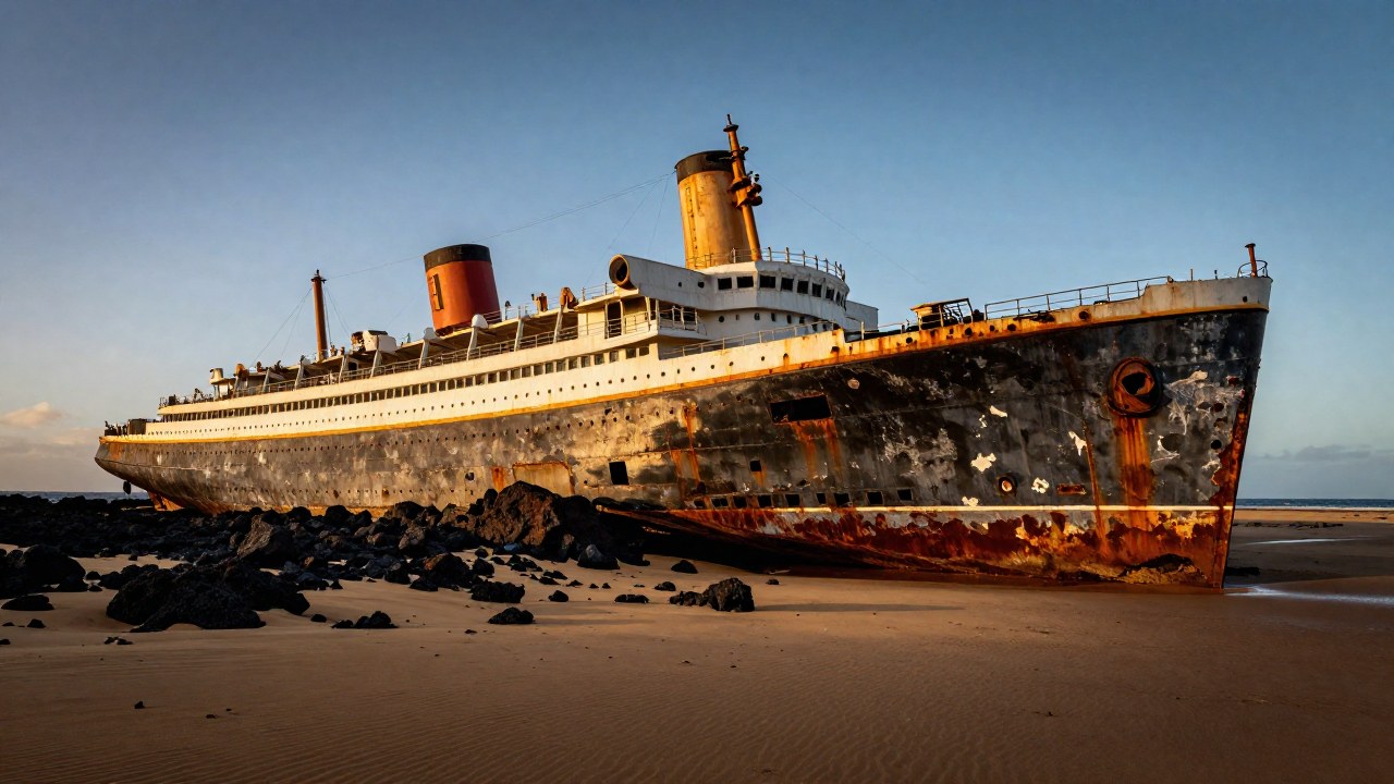 Un enorme casco de transatlántico antiguo varado y deteriorado en una costa desolada de Fuerteventura.