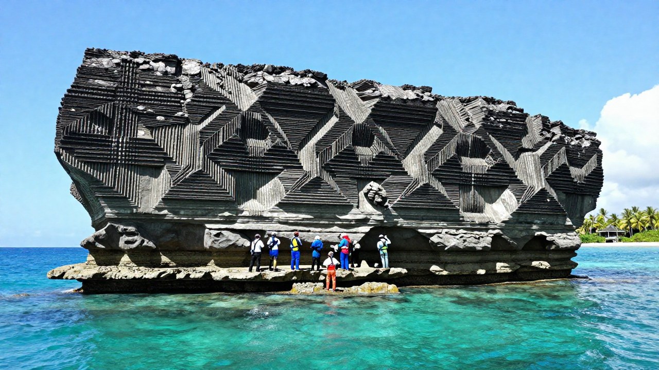 Geólogos estudian en la costa la estructura monumental y geométrica del Monumento de Yonaguni.