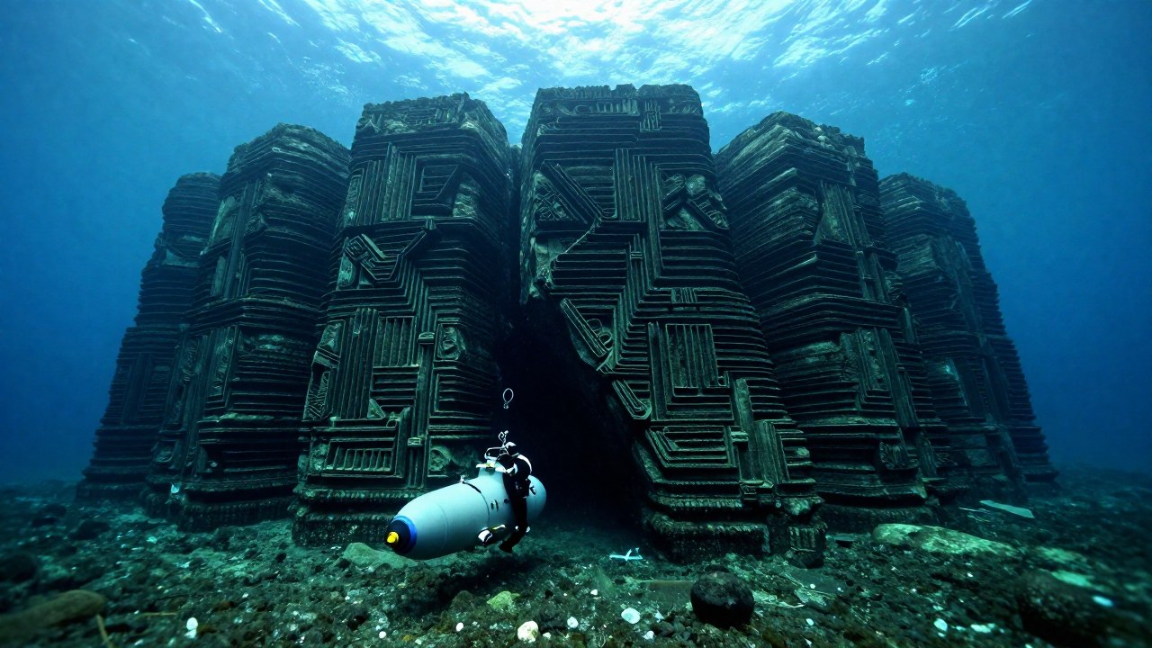 Científico investiga la compleja y masiva formación rocosa del Monumento de Yonaguni bajo el mar.