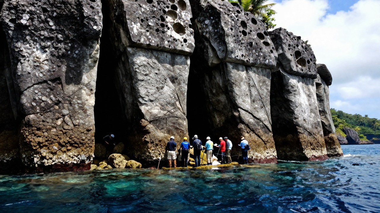 Investigadores examinan las estructuras de piedra antiguas del Monumento de Yonaguni bajo el agua.