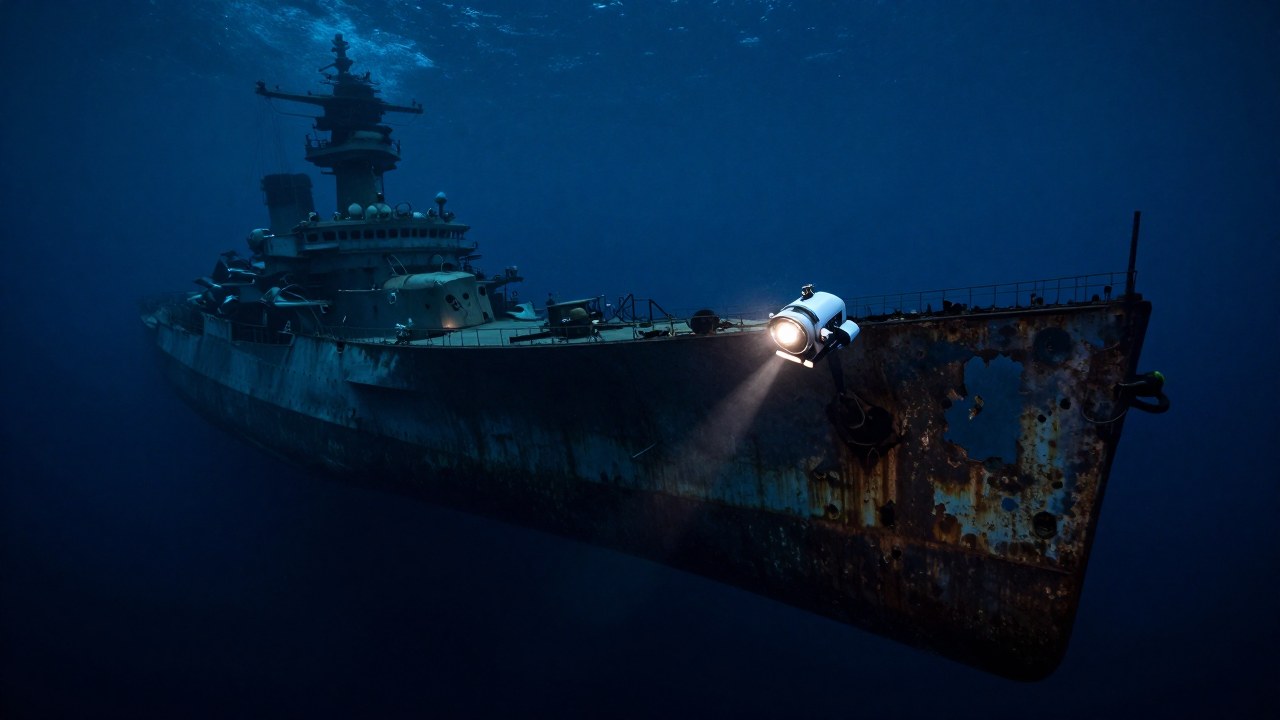 ROV avanzado inspecciona el masivo casco hundido del naufragio del acorazado Bismarck.