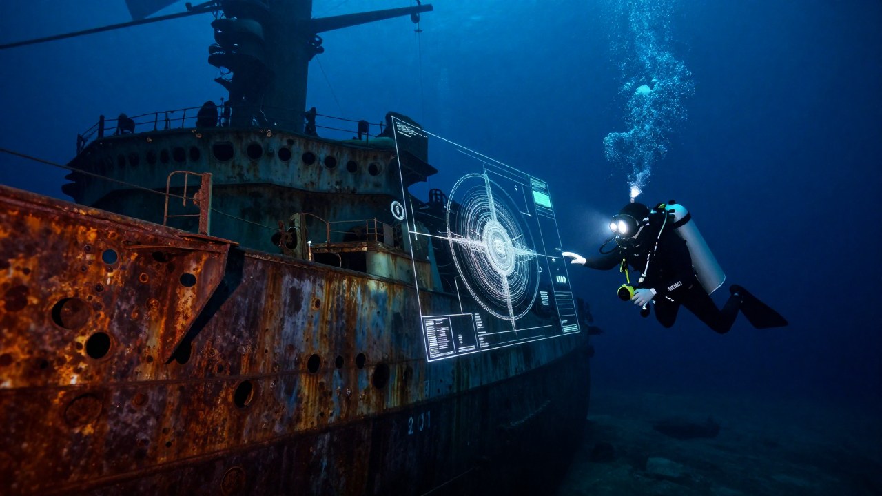 Arqueólogos marinos analizan un naufragio oxidado mediante una proyección digital holográfica bajo el agua.