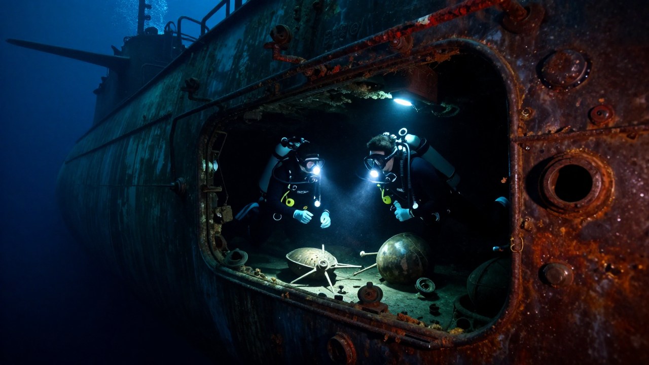 Dos buzos inspeccionan artefactos militares dentro del casco corroído de un submarino de guerra.