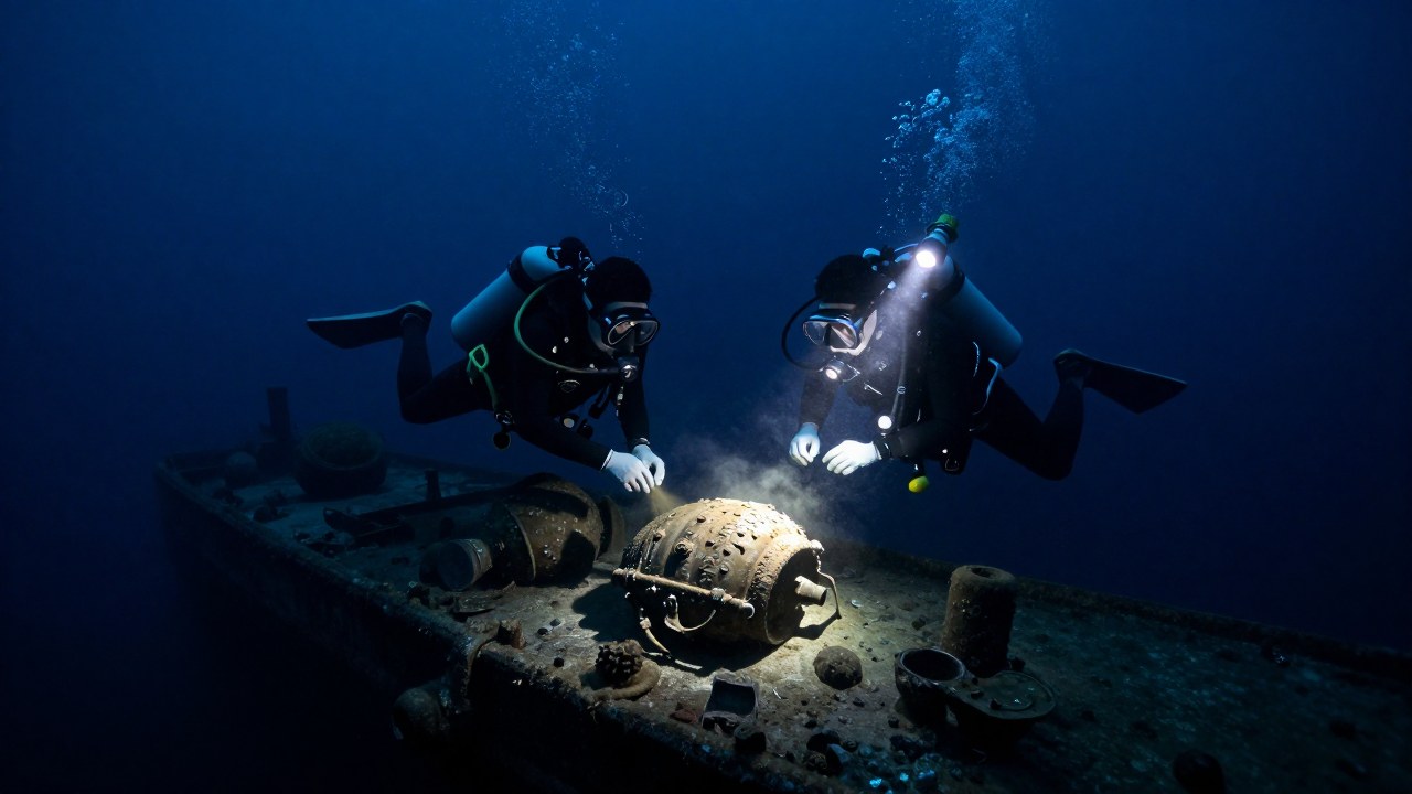 Investigadores submarinos examinan cuidadosamente reliquias metálicas en un naufragio arqueológico en las profundidades.