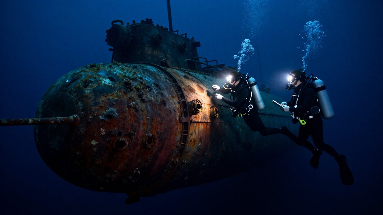 Dos investigadores de buceo examinan meticulosamente un naufragio de submarino de guerra en aguas profundas.