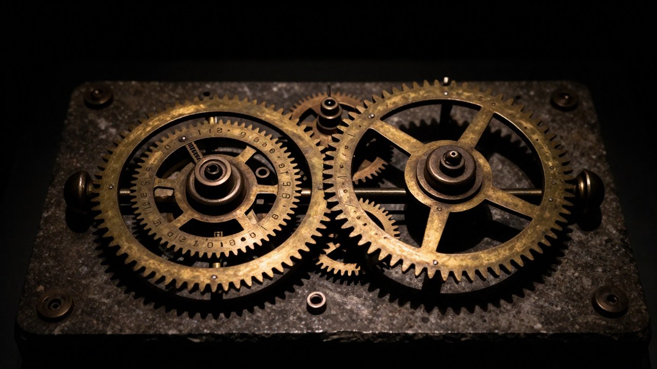 Mecanismo de Anticitera: engranajes de bronce mostrando su compleja función como calculador astronómico.