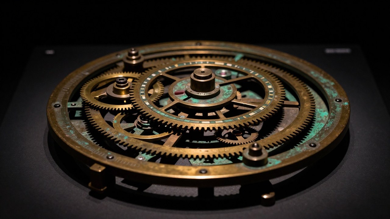 Mecanismo de Anticitera en primer plano, mostrando los intrincados engranajes de bronce que rastrean movimientos celestes.