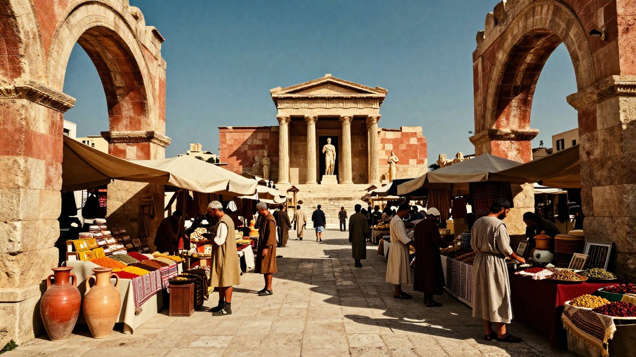 Mercaderes intercambian bienes en un bullicioso mercado griego antiguo junto a una estructura monumental.